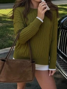 优雅女士针织毛衣，时尚休闲法式风格加厚宽松套头衫，适合圣诞节和新年，秋冬季圆领套头衫，时尚女式上衣 - 墨綠色 - 查看 5