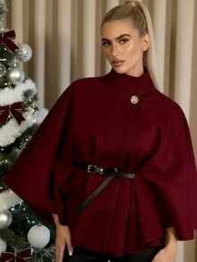 Winter Women's Clothes, Short Style, Stand-Up Collar, Loose, Woolen Coat, Shawl Cape, Complimentary Belt, Chic,Two Pieces Set, Christmas ,Tops