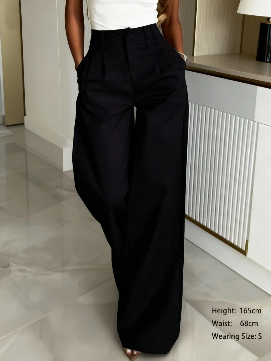 SMILE CHIC 女士春季休闲阔腿裤，宽松直筒版型，纯色独特腰带设计，适合办公室和日常穿着，百搭显瘦，黑色款 - 黑色 - 查看 1