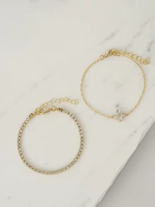 Clariva Bộ 2 vòng tay đính hạt đá Cubic Zirconia hình hoa kèm chuỗi pha lê hai lớp, thích hợp cho phụ nữ sử dụng hàng ngày, hẹn hò, tiệc tùng, dịp xã giao làm quà tặng Giáng sinh - Vàng - Xem 5