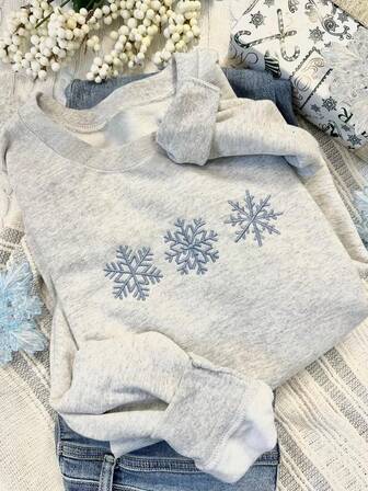 Sudadera casual de cuello redondo de manga larga con diseño bordado de copos de nieve, moda otoño/invierno 2025 para mujer