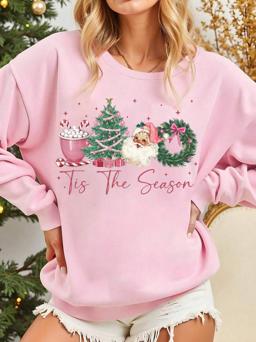 Women's Casual Drop Shoulder Crew Neck Christmas Santa Claus Graphic Sweatshirt