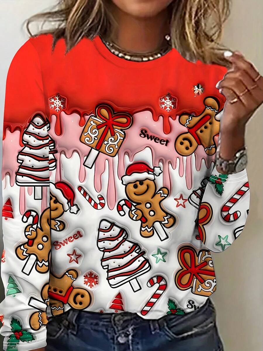 2025 Autumn/Winter Fashion Women's Christmas Gingerbread Print Crew Neck Long Sleeve Casual Sweatshirt - Red - View 1