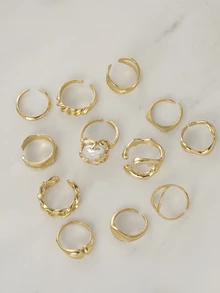 Clariva 12pcs Women Adjustable Asymmetrical Geometric Design Rings Set, [Note: Some Rings Are Open But Not Adjustable, Please Do Not Forcefully Bend Them As It May Cause Breakage, Sizes Are Already Labeled] Gifts - Gold - View 5