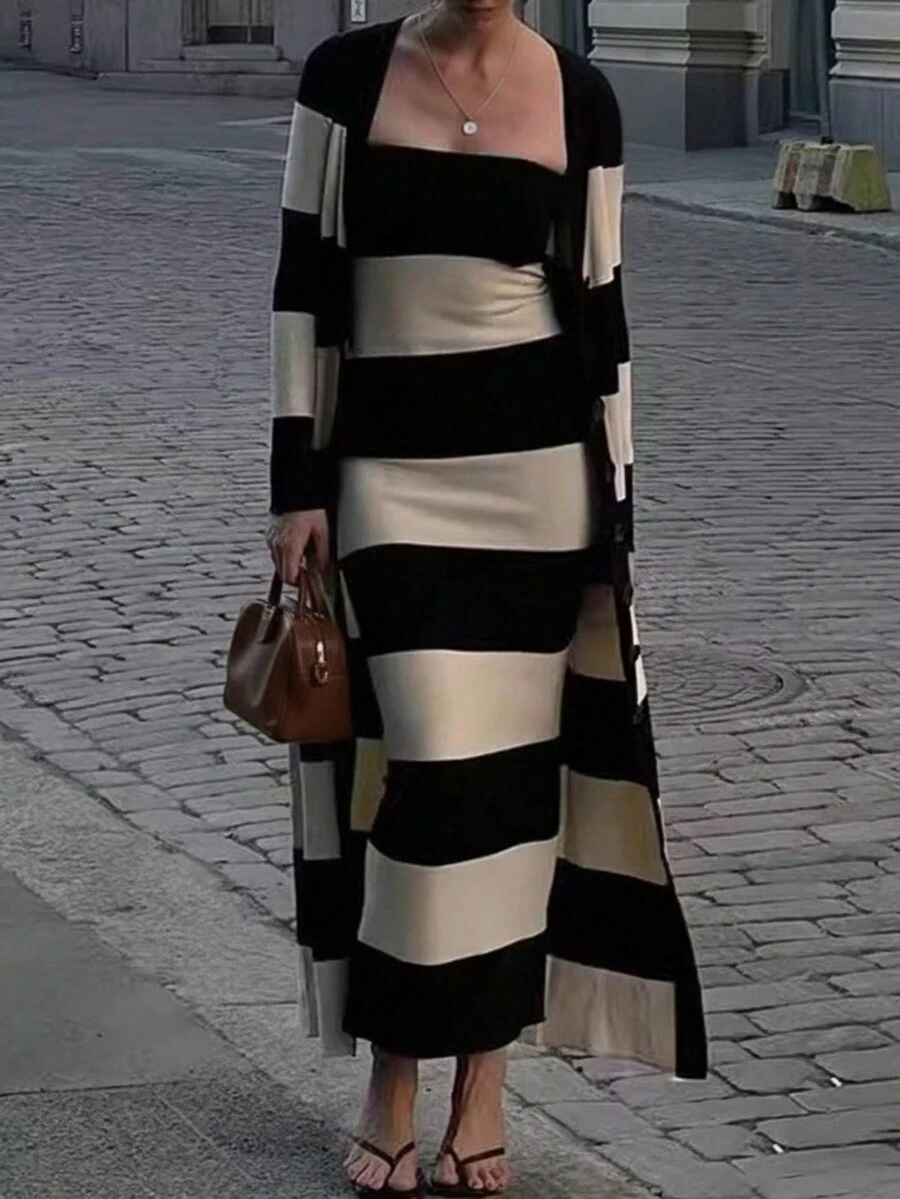 优雅条纹长款开衫套装，性感春夏针织连衣裙，甜心领口设计，时尚两件套，适合返校季、秋季、复古风，也适合秋季街头风长款派对穿着。 - 黑與白 - 查看 1