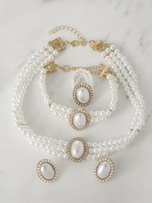 4 Stücke/Set Mehrstufiges Modeschmuckset mit Kunstperlen, inklusive Halskette, Armband, Ohrringe und Ring für Hochzeiten, festliche Anlässe, Weihnachtsgeschenke - Weiss - Übersicht 4