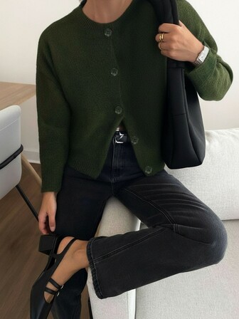 Knit Mix Eleganter französischer Stil locker gestrickter Cardigan, Damen, Rundhals Langarm Pullover, lässige einfarbige Oberbekleidung für Weihnachten, Thanksgiving, Neujahr, Herbst/Winter