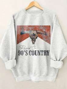 90s Country Western Bull Graphic Retro Women Sweatshirt, Women's Casual Dropped Shoulder Crew Neck Long Sleeve Pullover - Multicolor - View 1