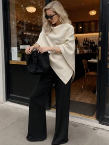 Minimalist Fashion Poncho Sweater, Solid Color Ribbed, Everyday Wear, Autumn/Winter