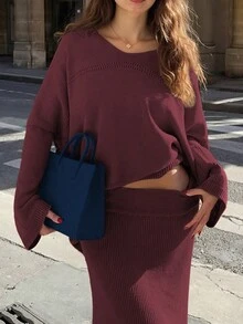 優雅女款秋冬時尚休閒日常寬鬆針織V領長袖上衣與裙子套裝 毛衣兩件套 - 棗紅 - 查看 3