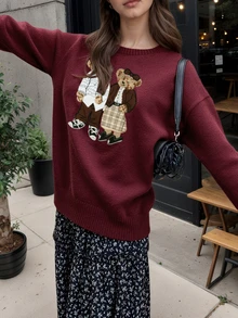 2025 Autumn/Winter New Retro Cartoon Bear Embroidered Loose Fit Round Neck Long Sleeve Sweater, Versatile Daily Wear, Women's Fall/Winter, Suitable For Halloween, Saudi National Day, New Year, Christmas, Elegant Autumn/Winter Layering - Burgundy - View 3