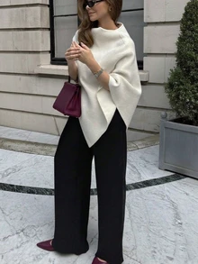 Minimalist Fashion Poncho Sweater, Solid Color Ribbed, Everyday Wear, Autumn/Winter