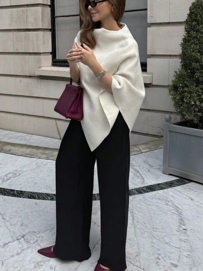 Minimalist Fashion Poncho Sweater, Solid Color Ribbed, Everyday Wear, Autumn/Winter