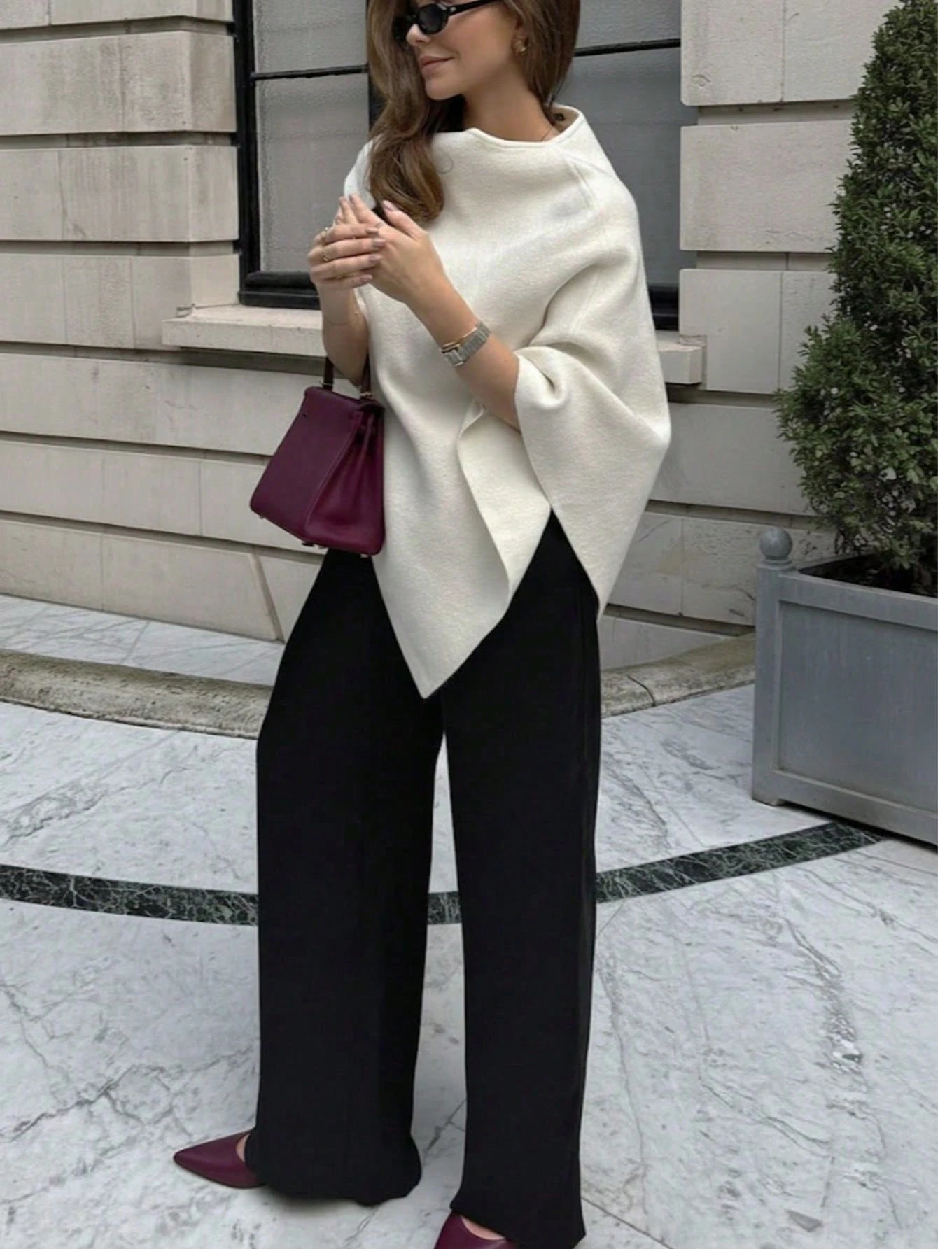 Minimalist Fashion Poncho Sweater, Solid Color Ribbed, Everyday Wear, Autumn/Winter