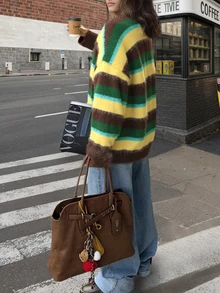 2025 Autumn/Winter New Fashion Niche Round Neck Contrast Color Striped Casual Long Sleeve Women Sweater, Wool Material