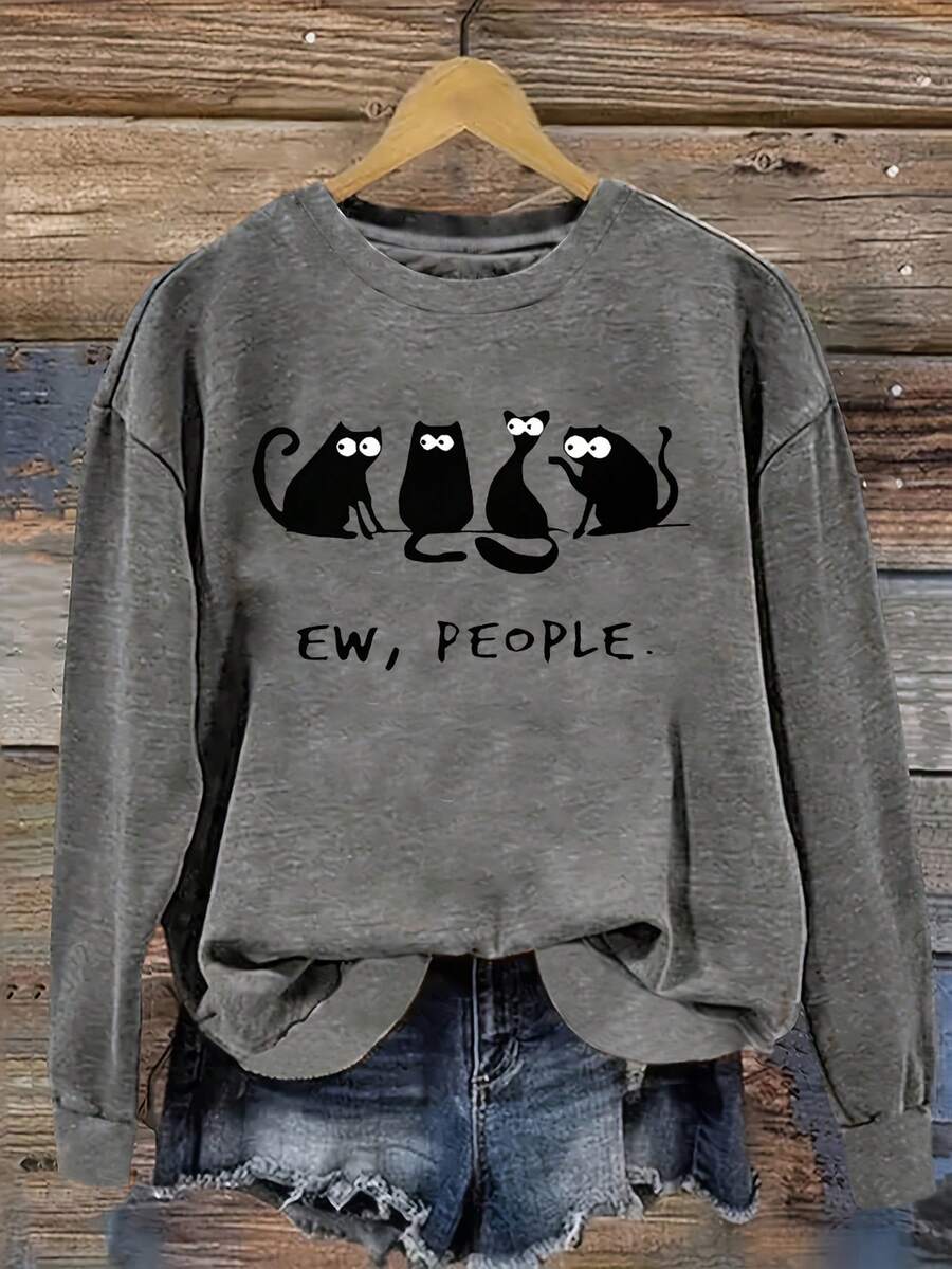 Ew People 趣味字母可爱猫咪动物印花万圣节卫衣，女士休闲落肩圆领长袖卫衣 - 淺灰色 - 查看 1