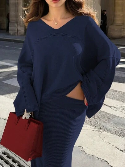 优雅女士两件套针织衫套装，休闲宽松长袖上衣搭配中长裙，是秋冬季时尚的完美之选，也适合圣诞节、感恩节和新年穿着。