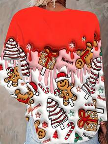 2025 Autumn/Winter Fashion Women's Christmas Gingerbread Print Crew Neck Long Sleeve Casual Sweatshirt - Red - View 2