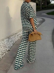 两件套女士针织套装，休闲优雅条纹领上衣和裤子，适合返校季、秋冬季节，也适合圣诞节、感恩节和新年穿着（条纹图案随机） - 湖綠 - 查看 2