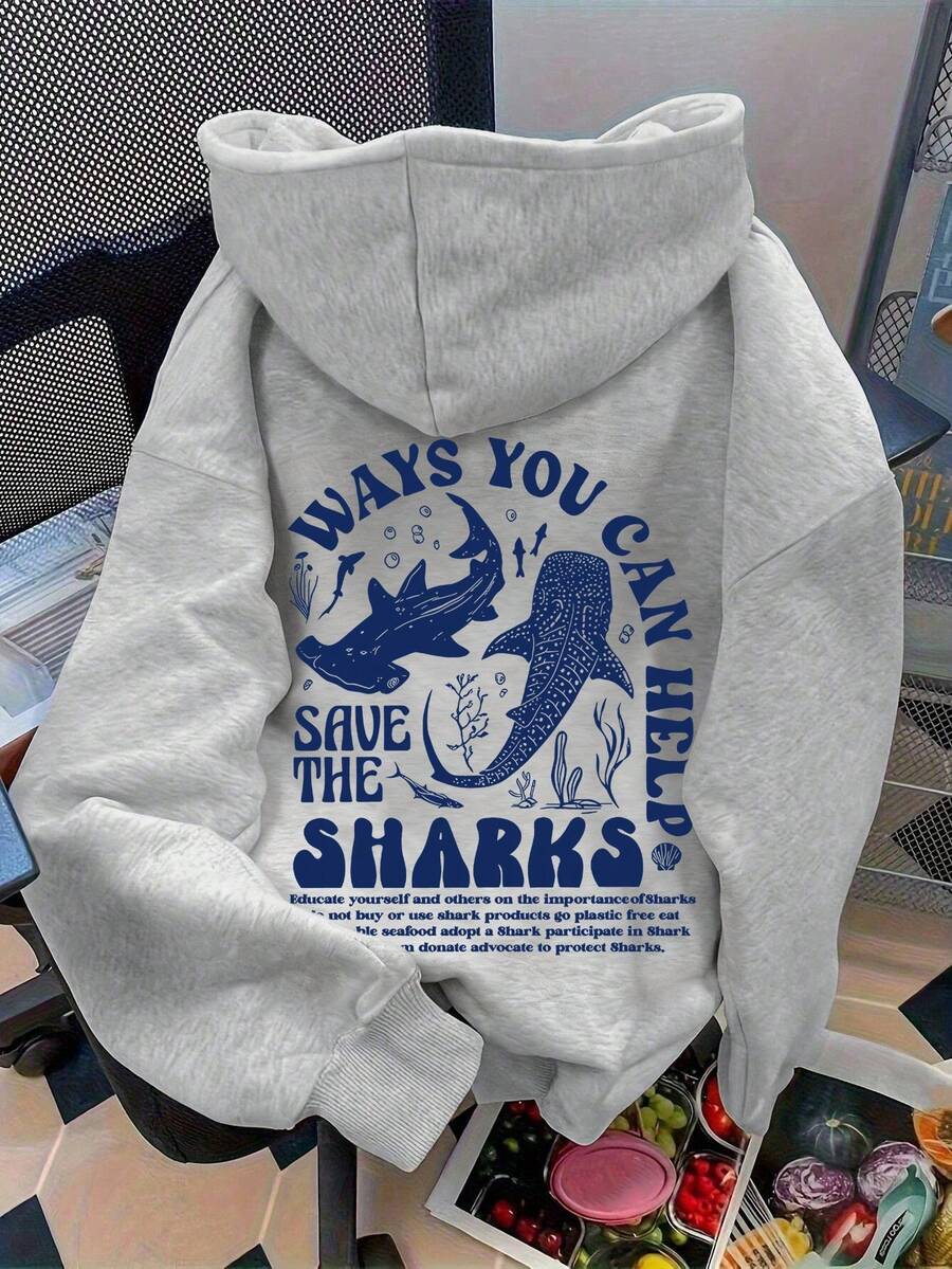 Áo nỉ in hình cá mập, trang phục thường ngày cho nữ khi trở lại trường vào mùa thu, áo hoodie dài tay trễ vai dáng rộng - Xám - Xem 1