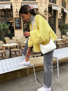 Áo khoác cardigan dệt kim cổ chữ V mới cho mùa Thu/Đông của FOR BEAUTY, tay dài, dáng rộng, thời trang tối giản thanh lịch, phong cách thoải mái thường ngày, phù hợp cho việc đi làm, lựa chọn thời trang mùa xuân lý tưởng cho phái nữ. - Màu vàng - Xem 2