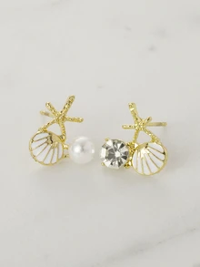 Clariva 1 Đôi khuyên tai hình vỏ sò trắng bóng và sao biển thanh lịch cho khu nghỉ dưỡng bãi biển Quà tặng Giáng sinh - vỏ sao biển - Xem 4