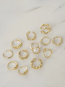 Clariva 12pcs Women Adjustable Asymmetrical Geometric Design Rings Set, [Note: Some Rings Are Open But Not Adjustable, Please Do Not Forcefully Bend Them As It May Cause Breakage, Sizes Are Already Labeled] Gifts - Gold - View 1