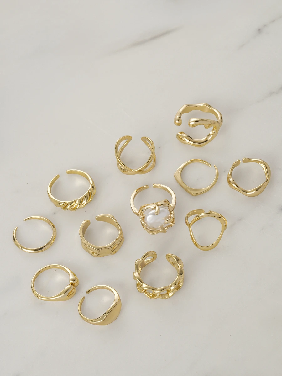 Clariva 12pcs Women Adjustable Asymmetrical Geometric Design Rings Set, [Note: Some Rings Are Open But Not Adjustable, Please Do Not Forcefully Bend Them As It May Cause Breakage, Sizes Are Already Labeled] Gifts - Gold - View 1