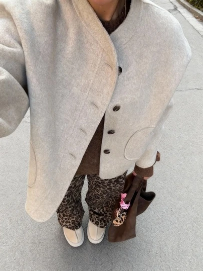 SMILE CHIC Comfortable & Skin-Friendly Short Jacket, Casual Ribbed Button Closure Stand Collar, Khaki