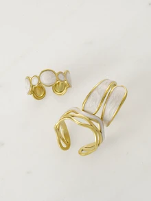 Clariva 3pcs/Set Fashionable Asymmetrical Stainless Steel Artistic Paint Ring Set, Stylish Design For Women Daily Wear Gifts - Yellow Gold - View 3