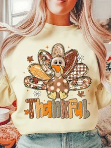 Women's Thanksgiving Turkey Letter Print Round Neck Long Sleeve Casual Loose Pullover Sweatshirt - Light Apricot - View 1