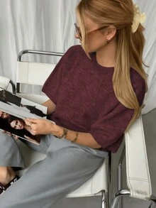 优雅女士针织毛衣，短袖圆领套头衫，复古简约风格，春秋季时尚百搭，适合圣诞节、感恩节、新年等休闲场合穿着。 - 棗紅 - 查看 3