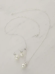 Clariva 3件套极简玻璃珍珠锆石耳钉、项链套装，优雅百搭，适合订婚、派对、日常佩戴，母亲节礼物、圣诞礼物之选 - 白色 - 查看 2