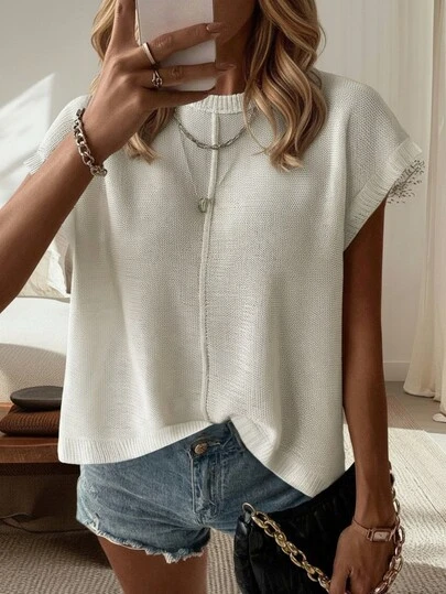 Elegant Women's Fashion White Loose Cropped Knit Vest - Casual Street Sleeveless Round Neck Shirt, Minimalist Retro Vintage Style, Suitable For Back To School Season, Autumn/Winter, Also Suitable For Christmas, Thanksgiving And New Year Occasions