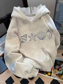Seashell Print Hoodie, Cute Women's Hoodies For Fall, Back To School Pullover Sweatshirt, Casual Women's Oversized Long Sleeve Hoodie For Fall Outfits - Light Grey - View 2