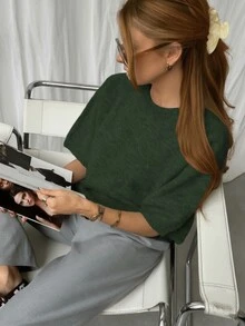 Pull élégant tricoté pour femme, col rond à manches courtes, style rétro minimaliste, pour le printemps/automne, convient pour le port casual à Noël, Thanksgiving, Nouvel An - Vert armée - Voir 3