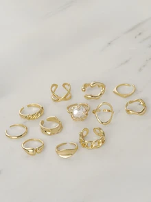 Clariva 12pcs Women Adjustable Asymmetrical Geometric Design Rings Set, [Note: Some Rings Are Open But Not Adjustable, Please Do Not Forcefully Bend Them As It May Cause Breakage, Sizes Are Already Labeled] Gifts - Gold - View 2