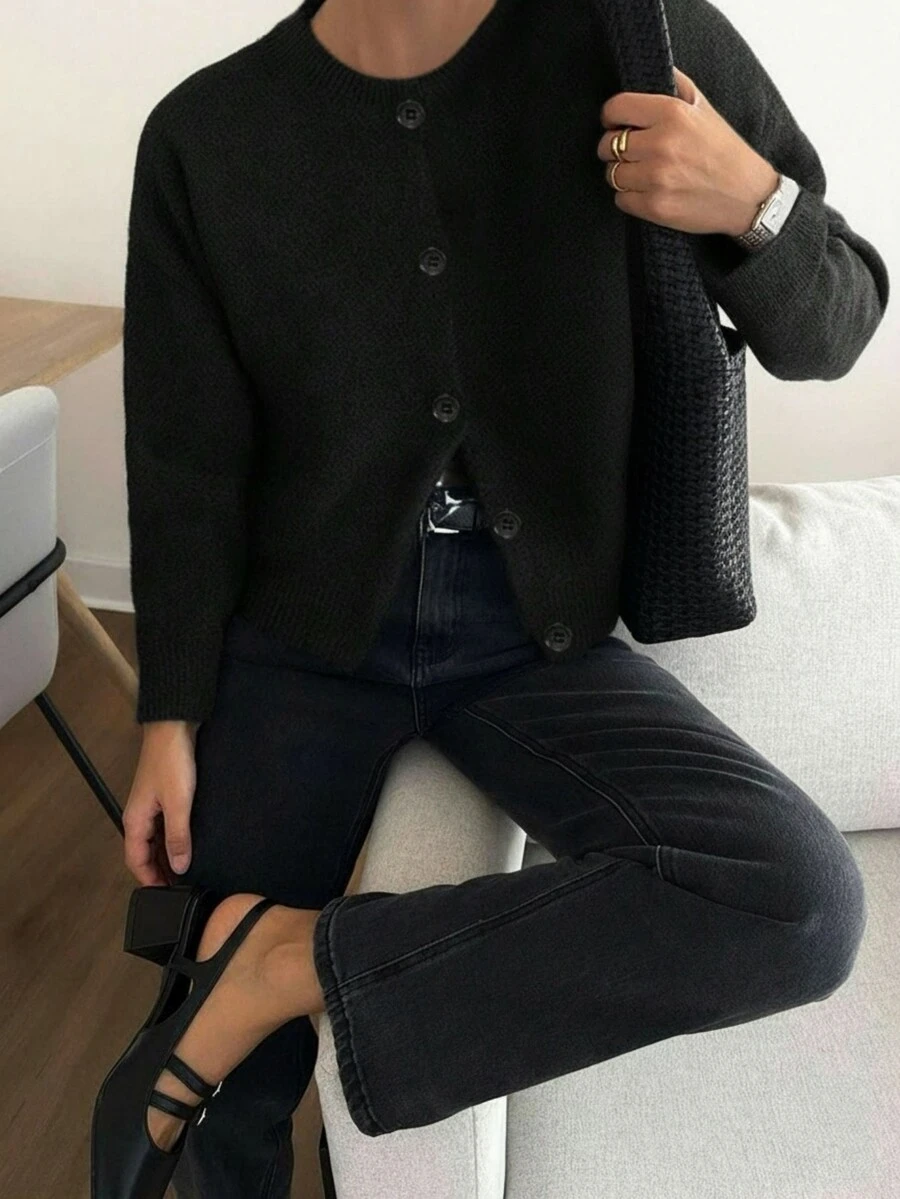 Knit Mix 优雅法式宽松针织开衫，女士圆领长袖毛衣，休闲纯色外套，适合圣诞节、感恩节、新年、秋冬季穿着，黑色 - 黑色 - 查看 1