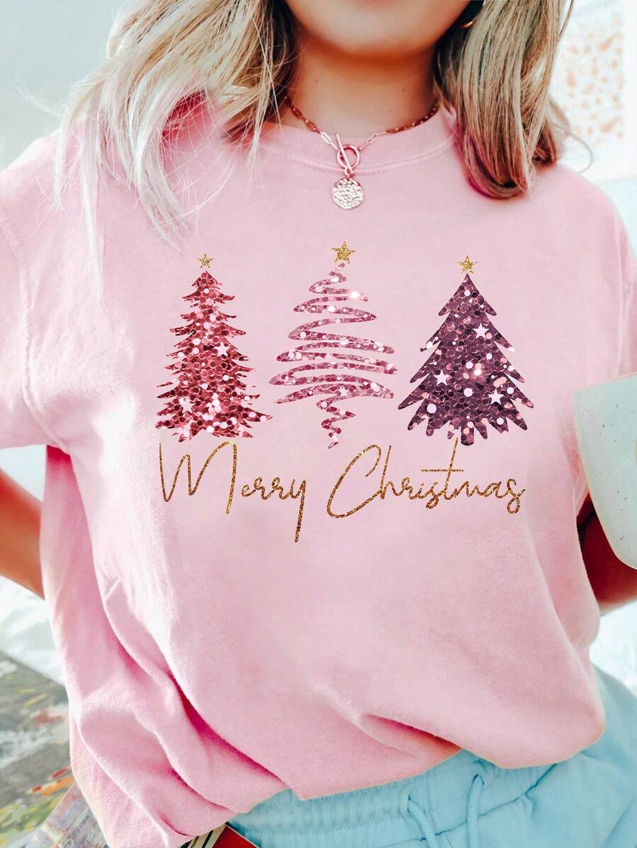 Merry Christmas Pink Christmas Tree Print Short Sleeve T-Shirt, Women Casual Round Neck Tee, Fall/Winter