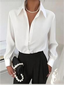 Top de Cor Sólida Feminina, Estilo Colegial Casual Elegante para Escritório e Transporte, Estilo Simples com Botões na Frente e Manga Longa, Adequada para Estudantes Voltando às Aulas, Reuniões de Feriados, Escritório Diário, Transporte, Aeroporto