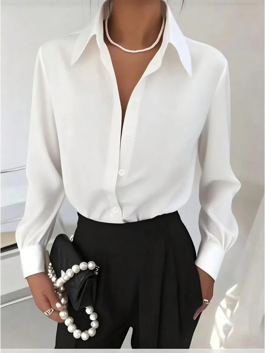 Top de Cor Sólida Feminina, Estilo Colegial Casual Elegante para Escritório e Transporte, Estilo Simples com Botões na Frente e Manga Longa, Adequada para Estudantes Voltando às Aulas, Reuniões de Feriados, Escritório Diário, Transporte, Aeroporto