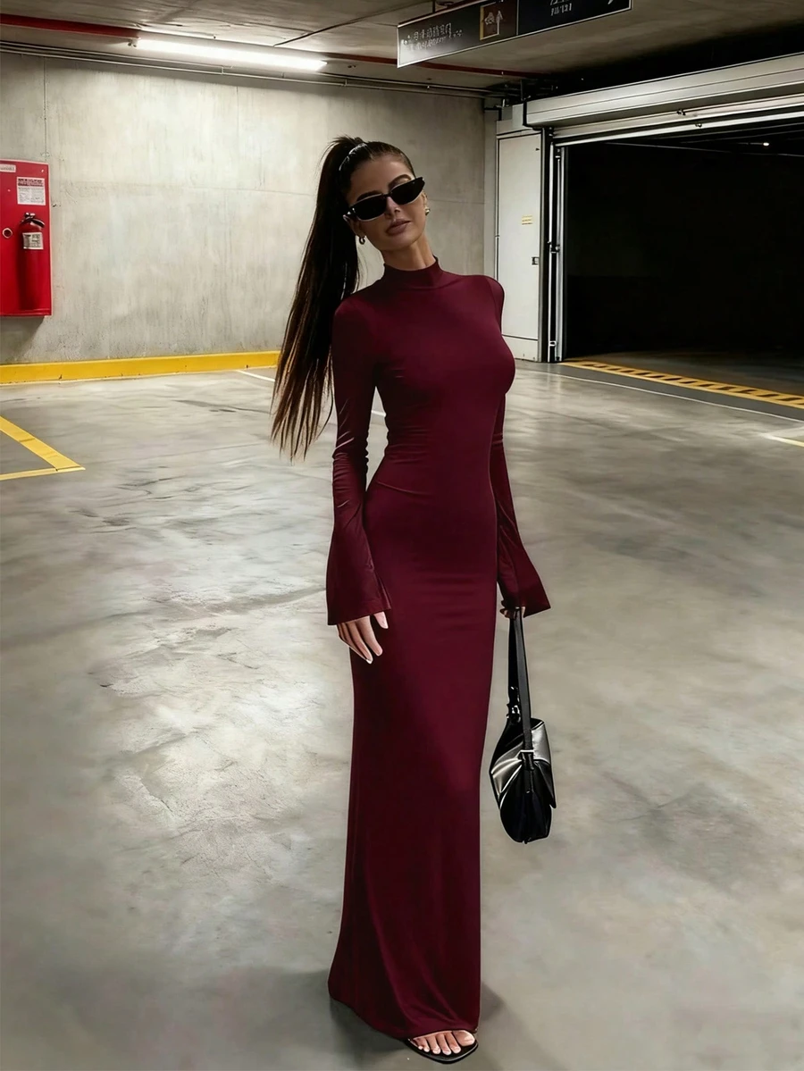 Women's Elegant Stand Collar Floor-Length Dress | Mermaid Hem Bell Sleeves Slim-Fit Casual Outfit | Suitable For Commute, Date, Gathering, Banquet,