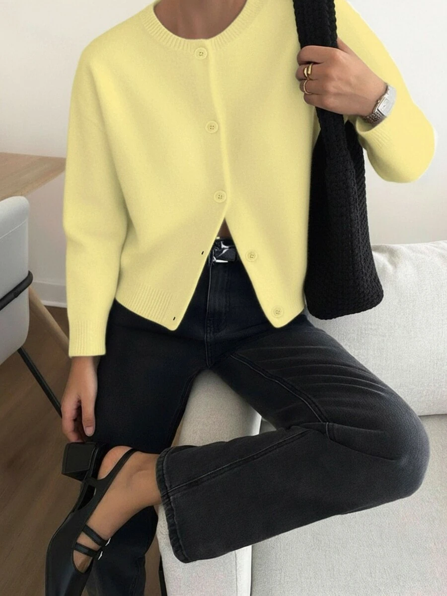 Knit Mix 优雅女士法式宽松针织开衫,时尚圆领长袖毛衣,秋冬季休闲纯色外套 - 黃色 - 查看 1