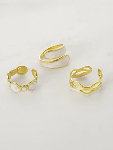Clariva 3pcs/Set Fashionable Asymmetrical Stainless Steel Artistic Paint Ring Set, Stylish Design For Women Daily Wear Gifts - Yellow Gold - View 2
