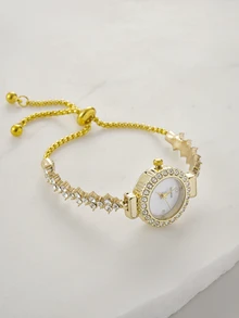 Clariva New Casual Fashion Ladies' Bracelet Watch, Cute Round Dial Decorated With Crystals, Rhinestone Embellished Watchband, Alloy Quartz Watch, Gift As A Gift For Students Returning To School Gifts