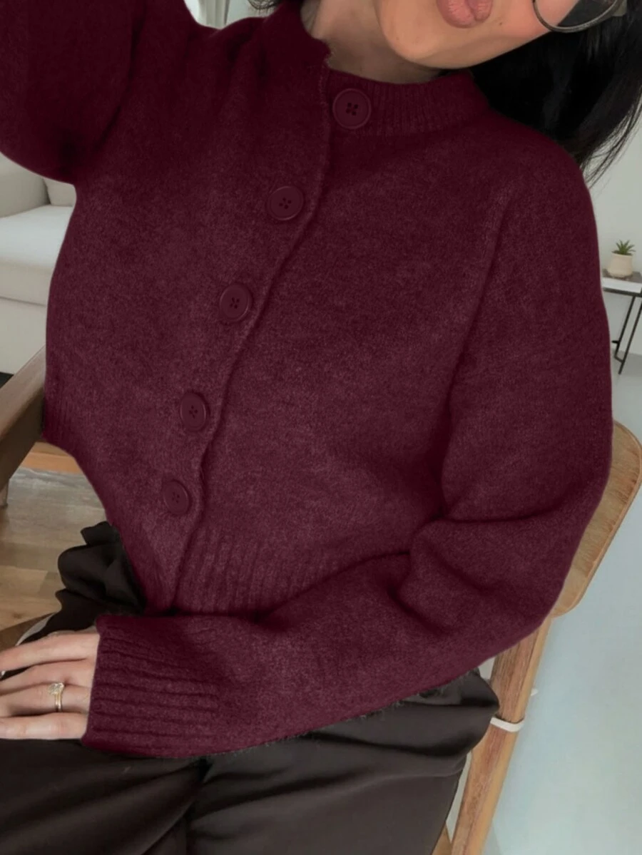 Áo cardigan len nữ cổ tròn tay dài phong cách Y2K màu đỏ rượu vang, áo len rộng thoải mái kiểu lười, thanh lịch tối giản mặc hàng ngày - Màu Đỏ Sâu - Xem 1