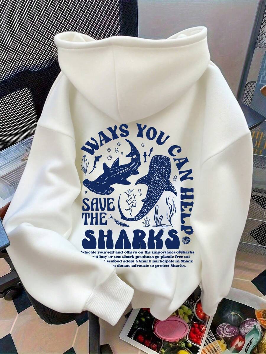 保护海洋生物鲨鱼印花秋季女装，返校宽松落肩休闲连帽卫衣 白色 - 白色 - 查看 1