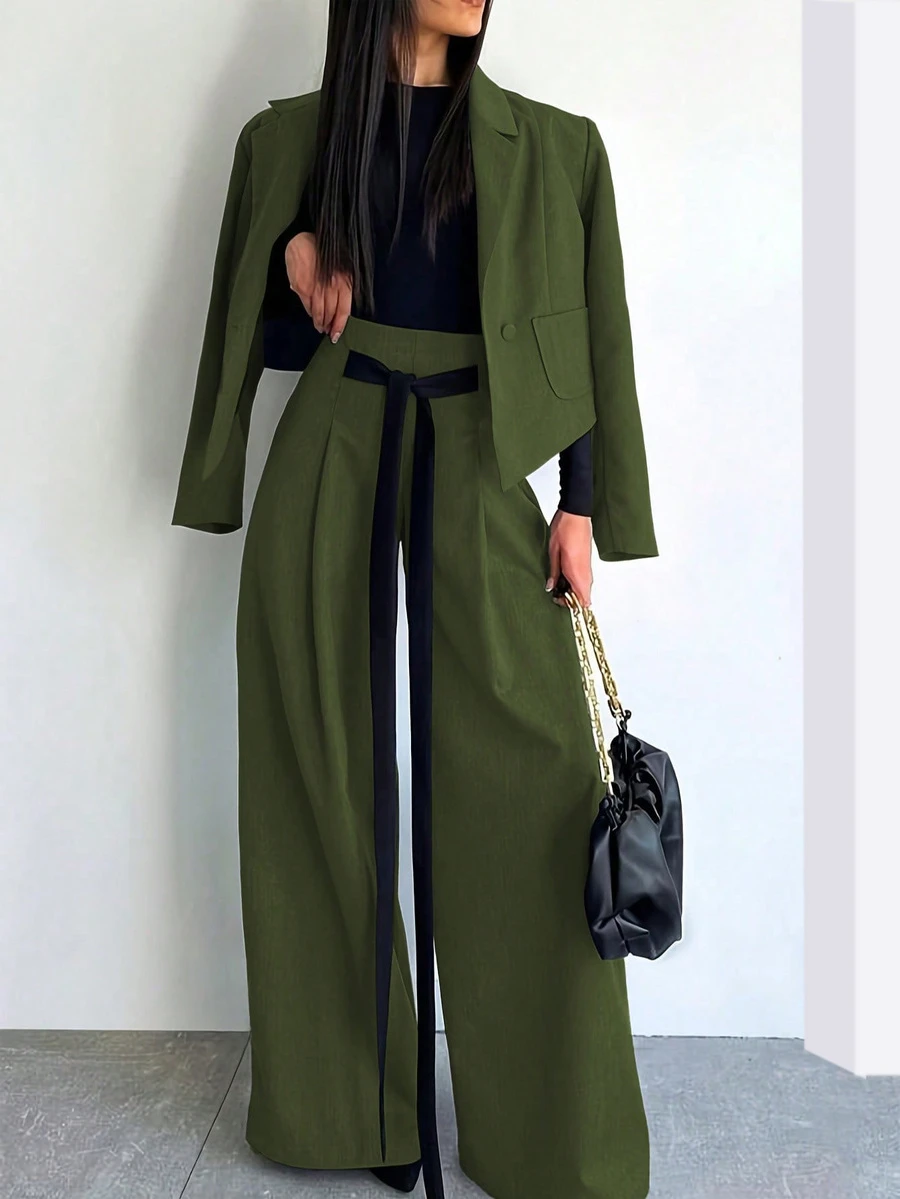Bộ đồ nữ mới năm 2026, kiểu dáng thanh lịch công sở, thiết kế retro dáng rộng, áo khoác ngắn thắt eo và quần ống rộng, màu trơn, thích hợp cho mùa xuân. - màu xanh lá - Xem 1