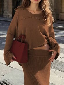 Elegant Women's Autumn And Winter Fashion Chic Daily Casual Loose Chic Knitted V-Neck Long Sleeved Top And Skirt Set Sweater Two Pieces Set - Caramel - View 3