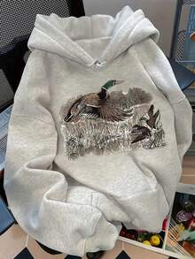 Áo nỉ dài tay có túi kiểu cổ điển dành cho nữ, thích hợp cho mùa thu và mùa đông, với họa tiết vịt trời săn bắn. - Nhiều màu - Xem 1